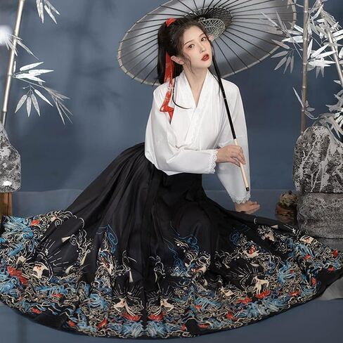 Women's Modern Hanfu Outfit Cross Collar Hanfu Shirt Horce Face Pleated Skirt Ming Dynasty Mamianqun Chinese Ancient Costume in Saudi Arabia