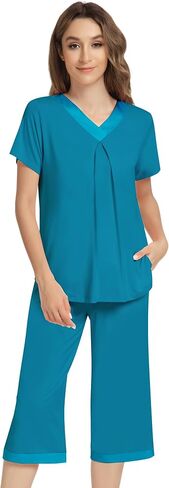 NACHILA Pajamas Set for Women-Viscose Made from Bamboo, Short Sleeve Sleepwear with Capri Pants Pajama V Neck Cool Pjs in Kuwait