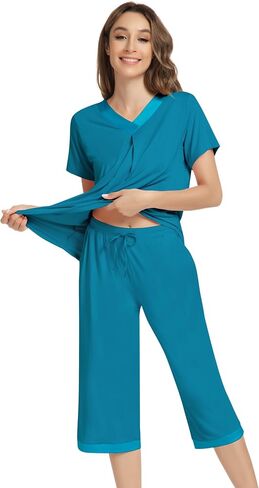 NACHILA Pajamas Set for Women-Viscose Made from Bamboo, Short Sleeve Sleepwear with Capri Pants Pajama V Neck Cool Pjs in Kuwait