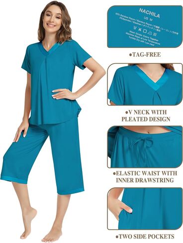 NACHILA Pajamas Set for Women-Viscose Made from Bamboo, Short Sleeve Sleepwear with Capri Pants Pajama V Neck Cool Pjs in Kuwait