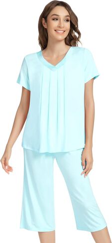 NACHILA Pajamas Set for Women-Viscose Made from Bamboo, Short Sleeve Sleepwear with Capri Pants Pajama V Neck Cool Pjs in Kuwait