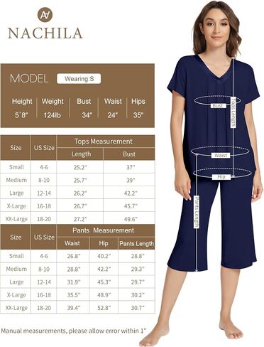 NACHILA Pajamas Set for Women-Viscose Made from Bamboo, Short Sleeve Sleepwear with Capri Pants Pajama V Neck Cool Pjs in Kuwait