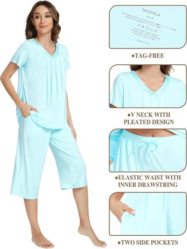 NACHILA Pajamas Set for Women-Viscose Made from Bamboo, Short Sleeve Sleepwear with Capri Pants Pajama V Neck Cool Pjs in Kuwait