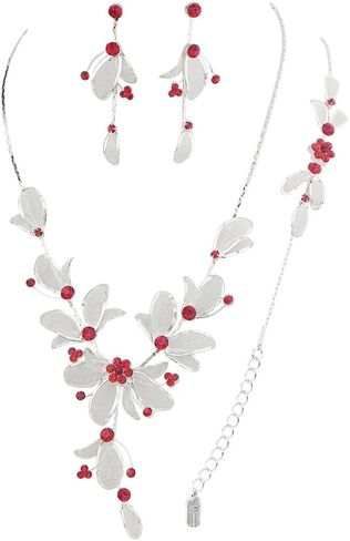 Rosemarie Collections Women's 3 Piece Rhinestone Crystal And Metal Mesh Floral Statement Necklace Bracelet Earring Jewelry Set, 17"+4" Extender in Kuwait