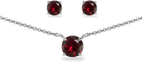 B. BRILLIANT Sterling Silver Genuine, Created or Simulated Gemstone Round Short Choker Necklace & Stud Earrings Jewelry Set for Women Girls Bridesmaids in Kuwait