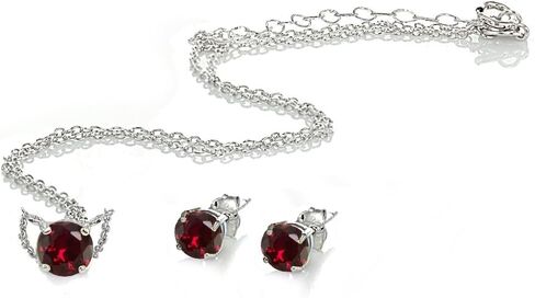 B. BRILLIANT Sterling Silver Genuine, Created or Simulated Gemstone Round Short Choker Necklace & Stud Earrings Jewelry Set for Women Girls Bridesmaids in Kuwait
