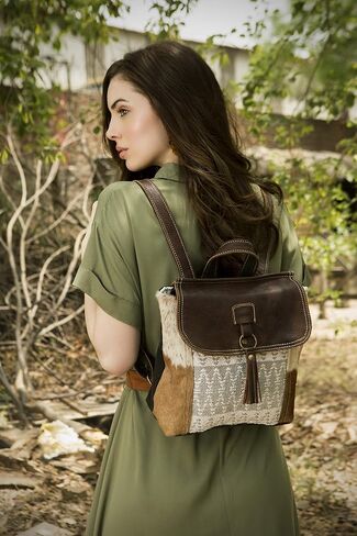 Myra Bag Hanging Buckle Upcycled Canvas & Cowhide Leather Backpack S-1609 in Saudi Arabia