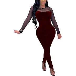 WOKANSE Women's Sexy Long Sleeves Mesh Patchwork Bodycon Velvet Jumpsuits Long Romper Pants One Piece Clubwear in Kuwait
