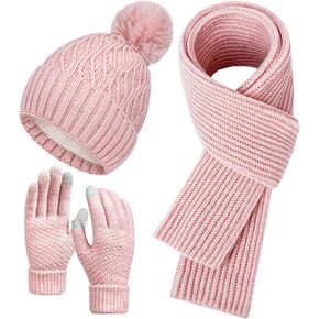 Winter Warm Knit Beanie Hat Touchscreen Gloves Long Scarf Set with Fleece Lined Knitted Cap Neck Scarves for Women/Men