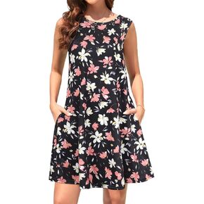 Tanst Sky Women Summer Sleeveless Damask Print T-Shirt Dress with Pockets(S-3XL)