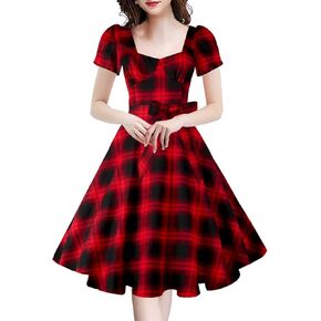 GOOBGS Women's 1950s Vintage Puff Sleeves Cocktail Rockabilly Swing Retro Dress with Pockets New