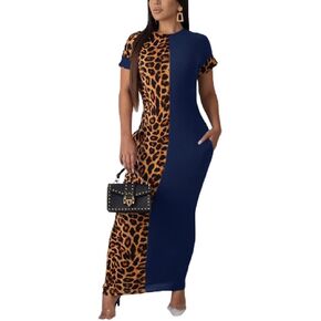 Womens Leopard Print Long Dresses - Short Sleeve Bodycon Club Midi Dress with Pockets in Kuwait
