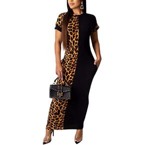 Womens Leopard Print Long Dresses - Short Sleeve Bodycon Club Midi Dress with Pockets in Kuwait