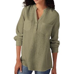 Womens 100% Cotton Tunic Long Sleeve V Neck Gauze Shirt Casual Work Lounge Blouse Tops in Kuwait