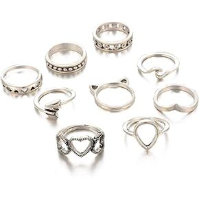 (موجة) - طقم خاتم نسائي من 9 قطع من BERYUAN من الفضة العتيق على شكل دمعة جذابة ومموجة سهم الحب مجموعة خاتم مفصل مجموعة هدية للنساء والفتيات والمراهقين in Kuwait