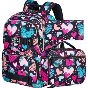 AGSDON 3PCS Backpack for Girls, 17 Inch Cute Kids School Laptop Bookbag with Lunch Box for Elementary Water Resistant Middle Backpacks - Love