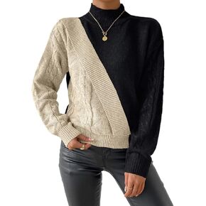 WIPONKEN Turtleneck Sweaters for Women Long Sleeve Color Block Sweater Cable Knit Splicing Pullover Tops in Kuwait