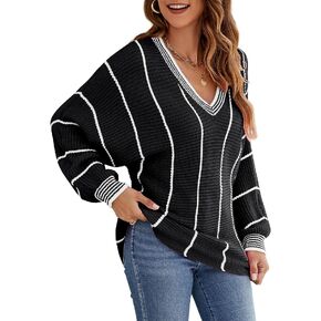 HOCOSIT V Neck Oversized Sweaters for Women 2023 Long Sleeve Winter Knit Pullover Casual Striped Jumper Tops