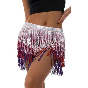 Yuemengxuan Women Sparkling Mini Skirts Sexy Sequin Tassel Party Skirts Halloween Club Cosplay Dress Up Tie Up Skirt Costume