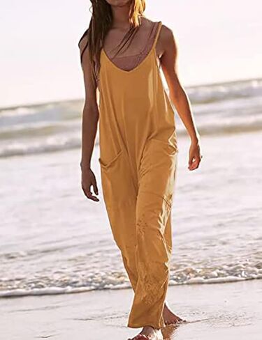 Bankeng Women's Casual V Neck Sleeveless Jumpsuits Spaghetti Strap Baggy Overalls Harem Pants with Pocket in Kuwait