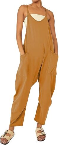 Bankeng Women's Casual V Neck Sleeveless Jumpsuits Spaghetti Strap Baggy Overalls Harem Pants with Pocket in Kuwait