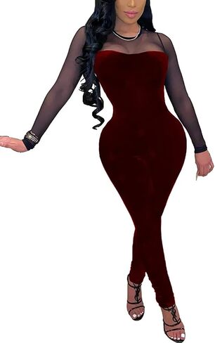 WOKANSE Women's Sexy Long Sleeves Mesh Patchwork Bodycon Velvet Jumpsuits Long Romper Pants One Piece Clubwear in Kuwait