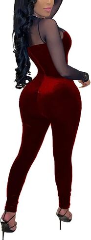WOKANSE Women's Sexy Long Sleeves Mesh Patchwork Bodycon Velvet Jumpsuits Long Romper Pants One Piece Clubwear in Kuwait