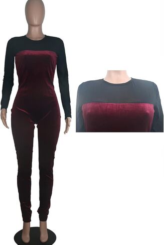 WOKANSE Women's Sexy Long Sleeves Mesh Patchwork Bodycon Velvet Jumpsuits Long Romper Pants One Piece Clubwear in Kuwait