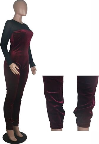 WOKANSE Women's Sexy Long Sleeves Mesh Patchwork Bodycon Velvet Jumpsuits Long Romper Pants One Piece Clubwear in Kuwait