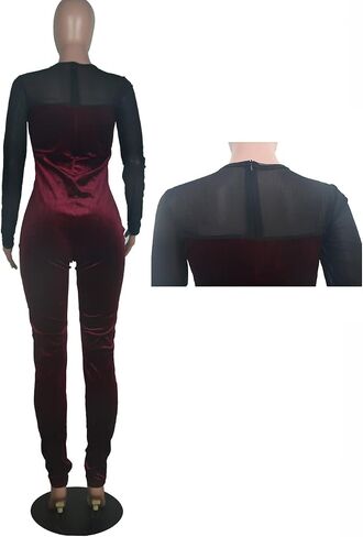 WOKANSE Women's Sexy Long Sleeves Mesh Patchwork Bodycon Velvet Jumpsuits Long Romper Pants One Piece Clubwear in Kuwait