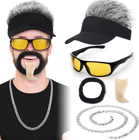 Ramede 4 Pcs Halloween Hair Fake Hat Celebrity Chef Funny Wig Spiked Visor with Goatee and Beard for Men Stainless Steel Chain Polarized Sunglasses Cosplay Costume Set for Halloween Theme Party in Saudi Arabia