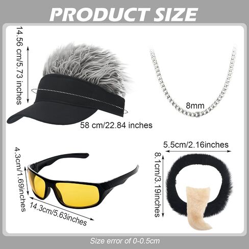 Ramede 4 Pcs Halloween Hair Fake Hat Celebrity Chef Funny Wig Spiked Visor with Goatee and Beard for Men Stainless Steel Chain Polarized Sunglasses Cosplay Costume Set for Halloween Theme Party in Saudi Arabia