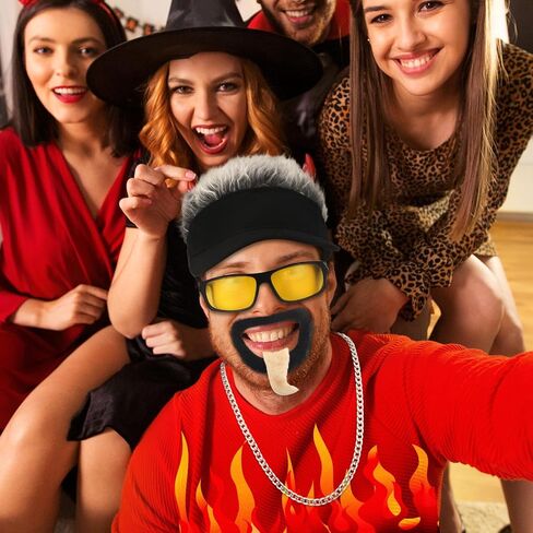 Ramede 4 Pcs Halloween Hair Fake Hat Celebrity Chef Funny Wig Spiked Visor with Goatee and Beard for Men Stainless Steel Chain Polarized Sunglasses Cosplay Costume Set for Halloween Theme Party in Saudi Arabia
