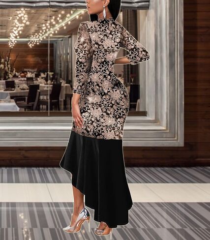 فساتين رسمية سوداء للنساء بأكمام طويلة للحفلات المسائية Bodycon ورقبة على شكل حرف V ترتر زهور للحفلات الراقصة بحاشية مكشكشة، فستان حورية البحر، مقاس X-Large in Kuwait
