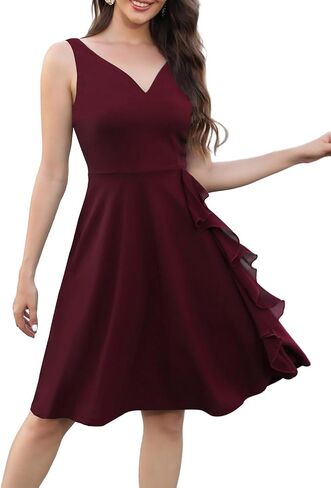 MSLG Women's Elegant V Neck V-Back Sleeveless Ruffle Chiffon Casual Dress Swing A Line Cocktail Party Dresses 758 in Saudi Arabia