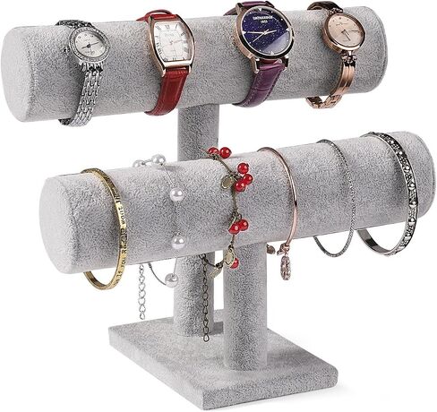 Flexzion Black Velvet Hovering 2 Tier T-bar Jewelry Stand Display Storage Store Rack - Removable Necklace Bracelet Earring Bangle Pendants Anklet Tower Watch Key Holder Organizer For Women Men Girl in Saudi Arabia