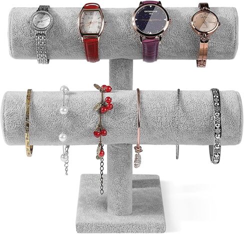 Flexzion Black Velvet Hovering 2 Tier T-bar Jewelry Stand Display Storage Store Rack - Removable Necklace Bracelet Earring Bangle Pendants Anklet Tower Watch Key Holder Organizer For Women Men Girl in Saudi Arabia