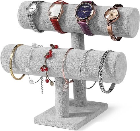 Flexzion Black Velvet Hovering 2 Tier T-bar Jewelry Stand Display Storage Store Rack - Removable Necklace Bracelet Earring Bangle Pendants Anklet Tower Watch Key Holder Organizer For Women Men Girl in Saudi Arabia