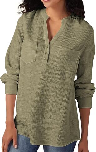 Womens 100% Cotton Tunic Long Sleeve V Neck Gauze Shirt Casual Work Lounge Blouse Tops in Kuwait