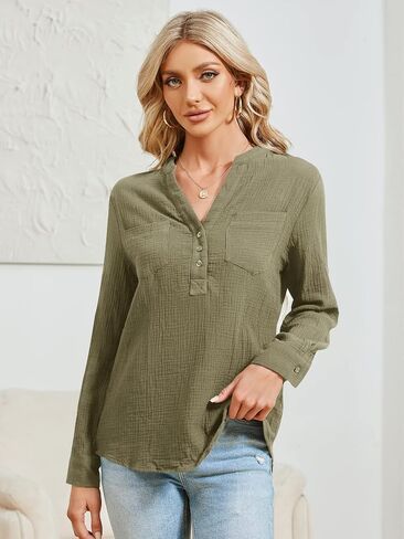 Womens 100% Cotton Tunic Long Sleeve V Neck Gauze Shirt Casual Work Lounge Blouse Tops in Kuwait