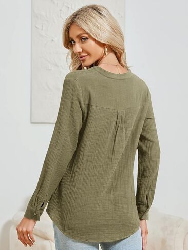 Womens 100% Cotton Tunic Long Sleeve V Neck Gauze Shirt Casual Work Lounge Blouse Tops in Kuwait