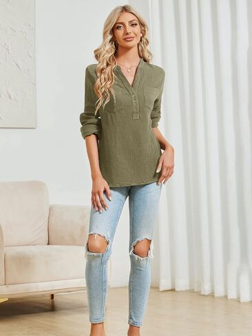 Womens 100% Cotton Tunic Long Sleeve V Neck Gauze Shirt Casual Work Lounge Blouse Tops in Kuwait