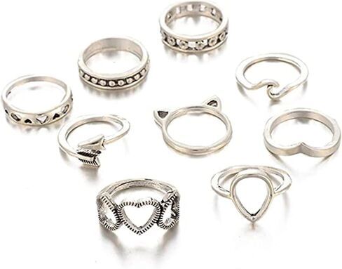 (موجة) - طقم خاتم نسائي من 9 قطع من BERYUAN من الفضة العتيق على شكل دمعة جذابة ومموجة سهم الحب مجموعة خاتم مفصل مجموعة هدية للنساء والفتيات والمراهقين in Kuwait
