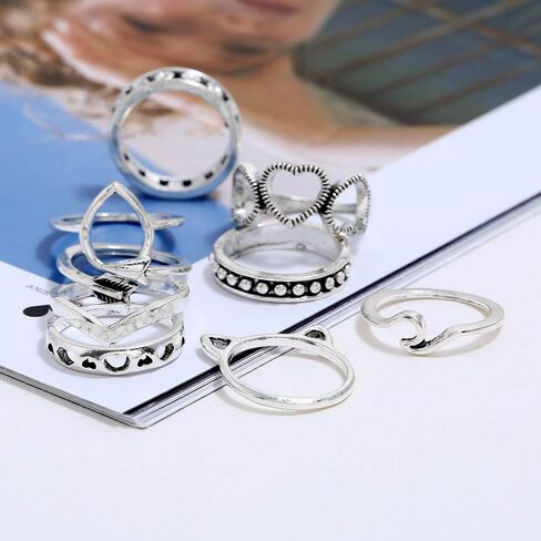 (موجة) - طقم خاتم نسائي من 9 قطع من BERYUAN من الفضة العتيق على شكل دمعة جذابة ومموجة سهم الحب مجموعة خاتم مفصل مجموعة هدية للنساء والفتيات والمراهقين in Kuwait