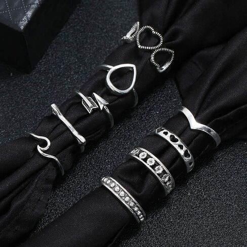 (موجة) - طقم خاتم نسائي من 9 قطع من BERYUAN من الفضة العتيق على شكل دمعة جذابة ومموجة سهم الحب مجموعة خاتم مفصل مجموعة هدية للنساء والفتيات والمراهقين in Kuwait