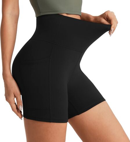UUE شورت راكب الدراجة النارية للنساء شورت يوجا عالي الخصر مع جيوب للتحكم في البطن، 5 بوصة/6 بوصة شورت نسائي للجري والتمارين الرياضية من الألياف اللدنة in Kuwait