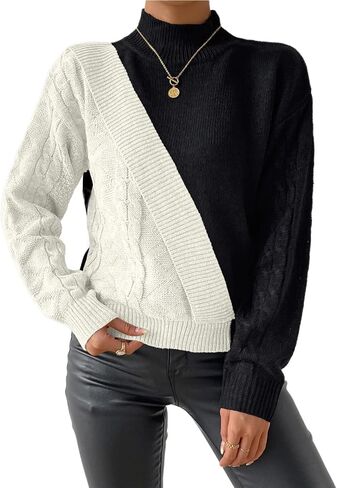 WIPONKEN Turtleneck Sweaters for Women Long Sleeve Color Block Sweater Cable Knit Splicing Pullover Tops in Saudi Arabia