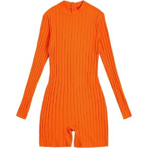 Floerns Women's Mock Neck Long Sleeve Ribbed Knit One Piece Shorts Bodycon Romper