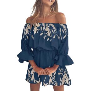 Vrtige Women's Floral Off Shoulder Flounce Half Sleeve Ruffle Hem A Line Mini Dress
