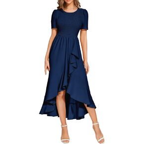 MUADRESS Women's Summer Casual Crew Neck Split Dress Short Sleeve Smocked Elastic Waist Flowy Ruffle Midi Dress